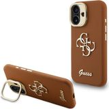 Guess İphone 16 Uyumlu Kılıf Orjinal Lisanslı Grained Yazı Logolu Kamera Standlı Kapak Kahverengi