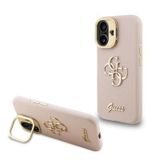Guess İphone 16 Uyumlu Kılıf Orjinal Lisanslı Grained Yazı Logolu Kamera Standlı Kapak Pembe