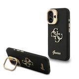 Guess İphone 16 Uyumlu Kılıf Orjinal Lisanslı Grained Yazı Logolu Kamera Standlı Kapak Siyah