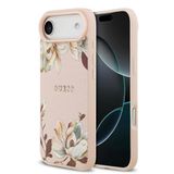 Guess İphone 17 Air Uyumlu Kılıf Lisanslı M-Safeli Taneli Çiçek Tasarımlı Metal Yazı Logolu Pembe