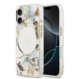 Guess İphone 17 Kılıf Lisanslı M-Safeli Simli Çiçek Desen Metal Kamera Çerçeveli Üçgen Logolu Beyaz