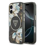 Guess İphone 17 Kılıf Lisanslı M-Safeli Simli Çiçek Desen Metal Kamera Çerçeveli Üçgen Logolu Siyah