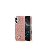 Guess iPhone 17 Pembe Metal Kamera Çerçeveli Üçgen Logolu Glitter Magsafe Uyumlu Telefon Kılıfı