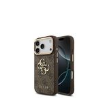Guess iPhone 17 Pro Gold Metal Kamera Çerçeveli 4G Desenli Metal Büyük Logolu Kahverengi Telefon Kılıfı
