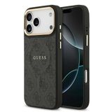 Guess İphone 17 Pro Max Kılıf Lisanslı M-Safe Şarjlı Gold Kamera Çerçeveli Pu Deri Yazı Logolu Siyah