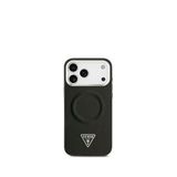 Guess iPhone 17 Pro Pu Deri Metal Kamera Çerçeveli Üçgen Logolu Magsafe Uyumlu Siyah Telefon Kılıfı