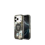 Guess iPhone 17 Pro Simli Çiçek Desenli Metal Kamera Çerçeveli Magsafe Uyumlu Siyah Telefon Kılıfı