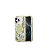 Guess iPhone 17 Pro Simli Çiçek Desenli Metal Kamera Çerçeveli Magsafe Uyumlu Yeşil Telefon Kılıfı
