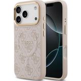 Guess İphone 17 Pro Uyumlu Kılıf Lisanslı M-Safe Şarjlı Gold Kamera Çerçeve Pu Yazı Logolu Pembe