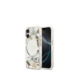 Guess iPhone 17 Simli Çiçek Desenli Metal Kamera Çerçeveli Magsafe Uyumlu Beyaz Telefon Kılıfı