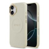 Guess İphone 17 Uyumlu Kılıf Lisanslı M-Safe Özellik Sıcak Baskı Yazı Logolu Pu Deri Peony Kapak Bej