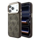 Guess İphone 18 Pro Kılıf Lisanslı M-Safeli Gold Çerçeve C-Magnet 4G Desenli Yazı Logolu Kapak Kahve