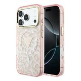 Guess iphone 18 Pro Kılıf Lisanslı M-Safeli Üçgen Logolu Simli Leopar Desenli Kapak Pembe