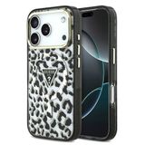 Guess iphone 18 Pro Kılıf Lisanslı M-Safeli Üçgen Logolu Simli Leopar Desenli Kapak Siyah
