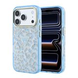 Guess iphone 18 Pro Max Kılıf Lisanslı M-Safeli Üçgen Logolu Simli Leopar Desenli Kapak Mavi