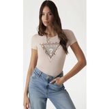 Guess Kadın Bej Desnli Üçgen Logolu T-Shirt
