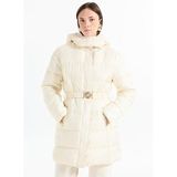 Guess Kendinden Desenli Kemer Detaylı Mont, XS, W5BL44W2912, Krem, Kadın