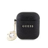 Guess Orjinal Lisanslı Apple Airpods Kılıf Glitter Elmas Kalp Süs Zincirli Kapak Siyah
