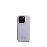 Guess Peony iPhone 15 Pro Max Logolu Kamera Standlı Deri Magsafe Uyumlu Mor Telefon Kılıfı