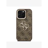 Guess PU Deri Kamera Standlı Metal Büyük 4G ve Yazı Logolu iPhone 15 Pro Max Kılıf