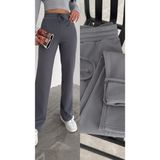 Gugus Kadın Bol Paça Içi Polarlı Fitilli Pantolon Içi Wide Leg Eşofman Altı Füme - XL