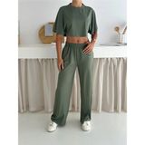 Gugus Yazlık Takım - Alt Üst Kadın Dokulu Kumaş -Baggy Pantolon + Salaş Üst - Koyu Yeşil