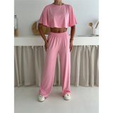 Gugus Yazlık Takım - Alt Üst Kadın Dokulu Kumaş -Baggy Pantolon + Salaş Üst - Pembe