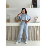 Gugus Yazlık Takım - Alt Üst Kadın Dokulu Kumaş -Baggy Pantolon + Salaş Üst - XL - Bebe Mavisi