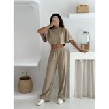 Gugus Yazlık Takım - Alt Üst Kadın Dokulu Kumaş -Baggy Pantolon + Salaş Üst - XL - Bej
