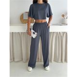 Gugus Yazlık Takım - Alt Üst Kadın Dokulu Kumaş -Baggy Pantolon + Salaş Üst - XL - Koyu Gri