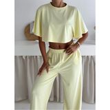 Gugus Yazlık Takım - Alt Üst Kadın Dokulu Kumaş -Baggy Pantolon + Salaş Üst - XL - Sarı