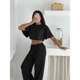Gugus Yazlık Takım - Alt Üst Kadın Dokulu Kumaş -Baggy Pantolon + Salaş Üst - XL - Siyah