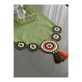GUHEF Runner Masa Örtüsü Duck Keten Kumaş Örme Dantel Püsküllü YEŞİL B 40x100 Cm