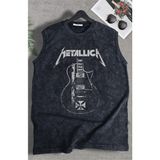 Guitar Metallica Baskılı Yıkamalı Kolsuz Tişört, Unisex Rock Band Temalı Sıfır Kol Vintage Atlet - Siyah