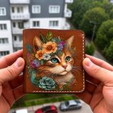 Guizzmo Helsinki El Yapımı Tasarım Deri Cüzdan, 6 Kart Gözlü, Nakit Para Bölmeli, El Dikiş Detaylı, Kedi Desenli