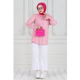 Gül Broşlu Kolu Fırfırlı Tunik-Pembe