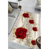 Gül Desenli Baskılı Kaymaz Yıkanabilir Salon Oturma Odası Mutfak Halısı Yolluk 200 X 300 Cm Kırmızı