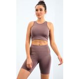 Gül Kurusu Yüksek Bel Toparlayıcı Dar Kalıp Crop Biker Kadın Tayt Takım - 95302