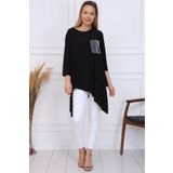 Gül Moda Kadın Siyah Simli Cepli Asimetrik Örme Kapri Kollu Tunik G028-ss
