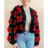 Gül Motifli El Örgüsü Kadın Hırka - L - XL - Siyah