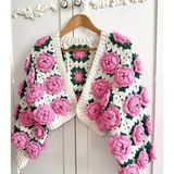 Gül Motifli El Örgüsü Kadın Hırka - Pembe