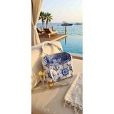 Gülbeyaz Home Butik çift Taraflı Marin Desenli Kanvas Plaj ve Günlük Omuz Çantası – Çapa ve Dümen Desenli Mavi Pötikareli Çanta - 40x35