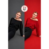 Gülce moda Kadın 2’li Set Siyah Kırmızı İnce Merserize Asimetrik Kesim Kayık Yaka Triko Kazak