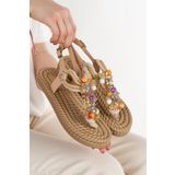 GÜLERSHOES Hasır Parmak Arası Renkli İncili Dikme Taşlı Şık Rahat Halat İpli Sandalet