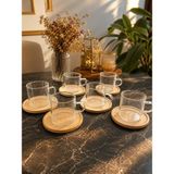 Gulizar Home Art 12LI Borosilikat Cam Bardak ve Bambu Altlıkları ile Espresso ve Çay Seti - 12 Adet - Şeffaf - Ahşap