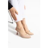 Güllü Shoes Bej Rugan Slingback İnce Topuklu Ayakkabı Kadın Sivri Burun Şık Günlük Ofis Abiye Model