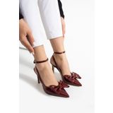 Güllü Shoes Bordo Rugan Fiyonklu İnce Topuklu Stiletto Şık Bilek Bantlı Sivri Burun Kadın Ayakkabı Günlük&Davet