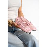 Güllü Shoes Kadın Günlük Babet Ayakkabı Pudra Tül Renkli Tokalı Desenli Çiçekli Yuvarlak Burun Mary Jane Gelin