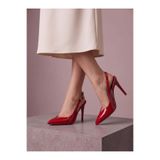 Güllü Shoes Kırmızı Rugan Şeffaf Detaylı Slingback Stiletto Sivri Burun Altın Tokalı İnce Topuk Kına Abiye Gece