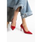 Güllü Shoes Kırmızı Vegan Deri Kırışık Rugan 9cm Topuklu Hafızalı Pedli Rahat Kalıp Sivri Burun Kadın Stiletto